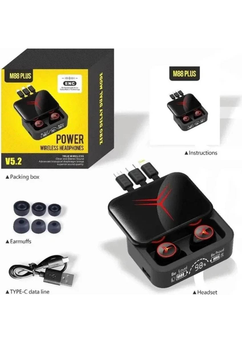 M88 Plus Şarj Göstergeli Powerbank Özellikli Bluetooth Kablosuz Kulakiçi Kulaklık Siyah